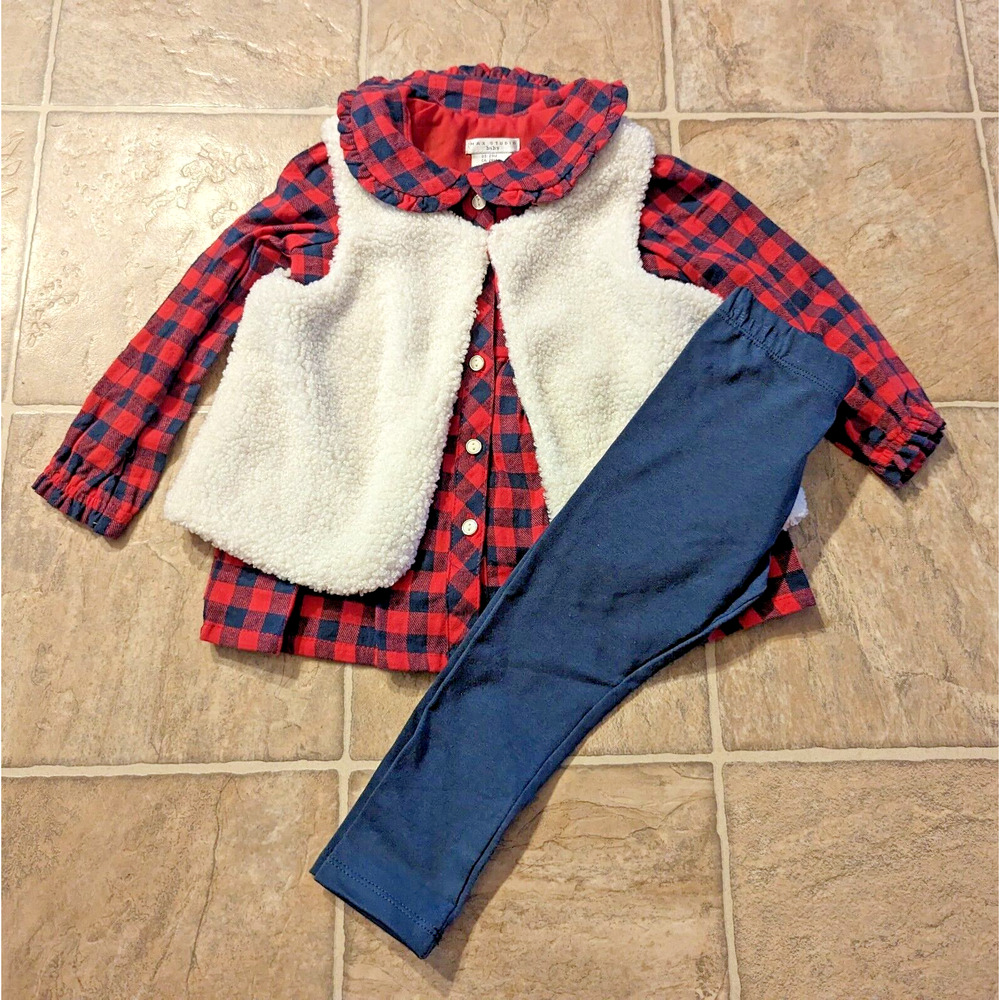 New Max Studio Baby sz 24 Months 3pc Outfit Set Flannel Shirt Vest & leggings Q4
